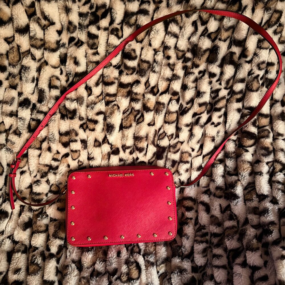 Michael Kors Sandrine Studded Crossbody in Red Saffiano Leather